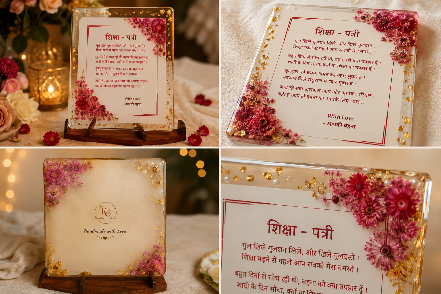 Handmade Resin Shiksha Chithi with dried flowers and gold flakes for Hindu wedding keepsake