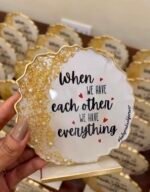 Personalized handmade resin keepsake stand with gold leaf and pearl detailing for weddings, birthdays, anniversaries, baby showers, housewarming ceremonies and special occasions.