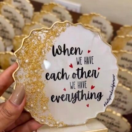 Personalized handmade resin keepsake stand with gold leaf and pearl detailing for weddings, birthdays, anniversaries, baby showers, housewarming ceremonies and special occasions.