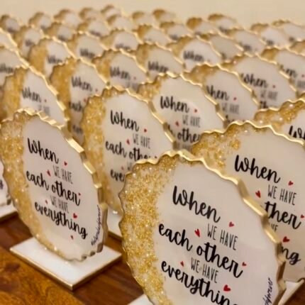 Bulk personalized handmade resin keepsake stands for wedding return gifts, birthday parties, anniversaries, corporate gifting and special occasions.
