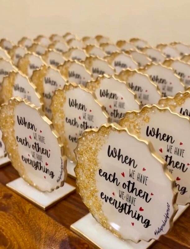 Bulk personalized handmade resin keepsake stands for wedding return gifts, birthday parties, anniversaries, corporate gifting and special occasions.