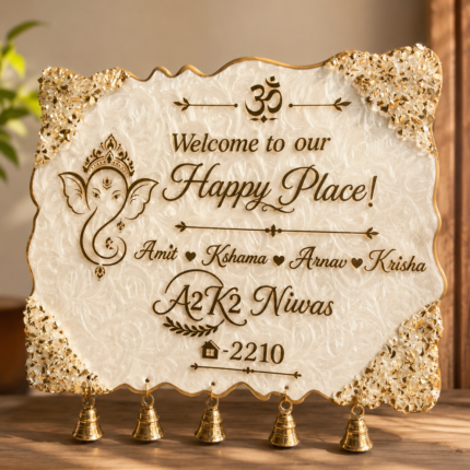 Customized resin Ganesha nameplate with hanging golden bells