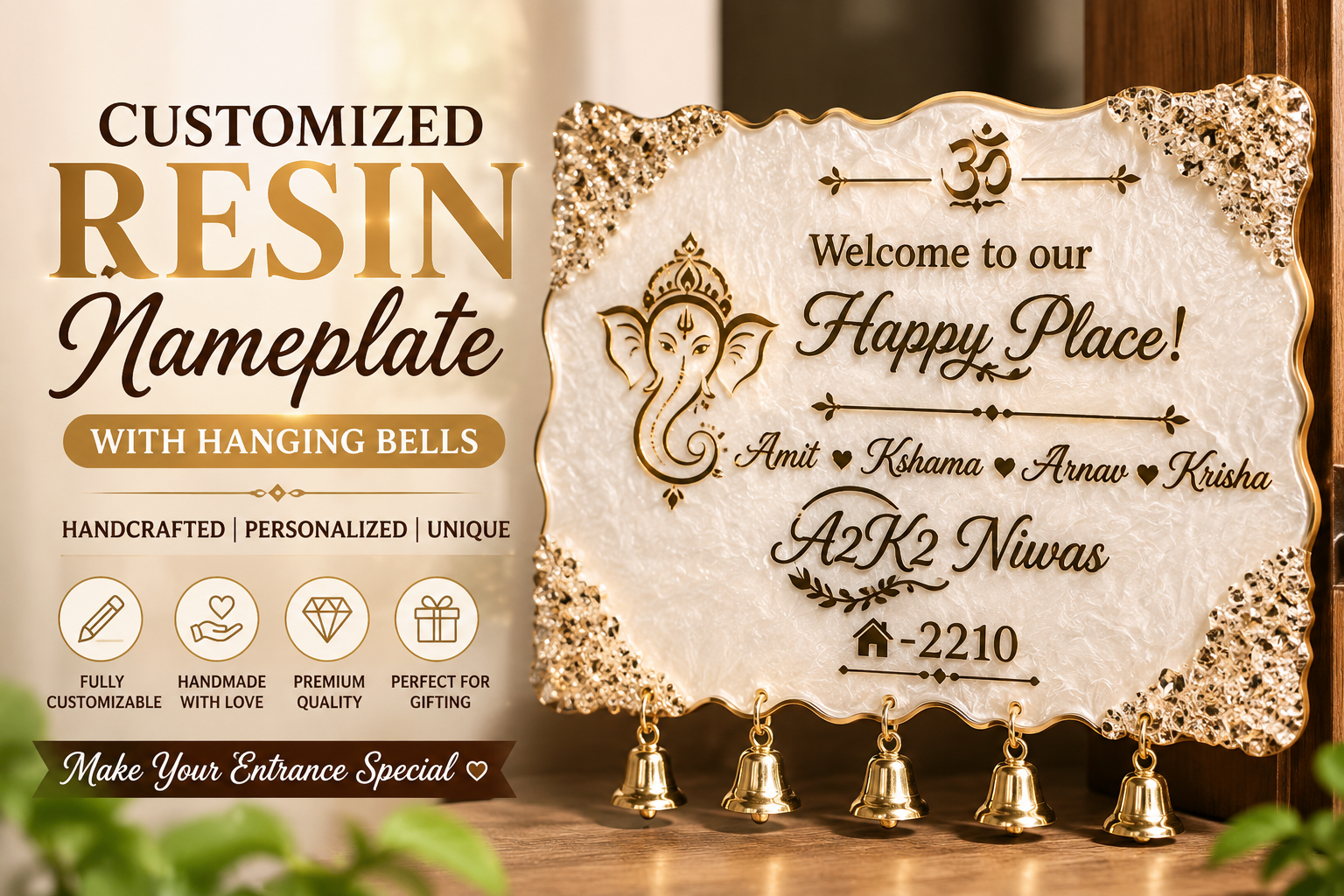 Customized resin nameplate with hanging bells for home entrance