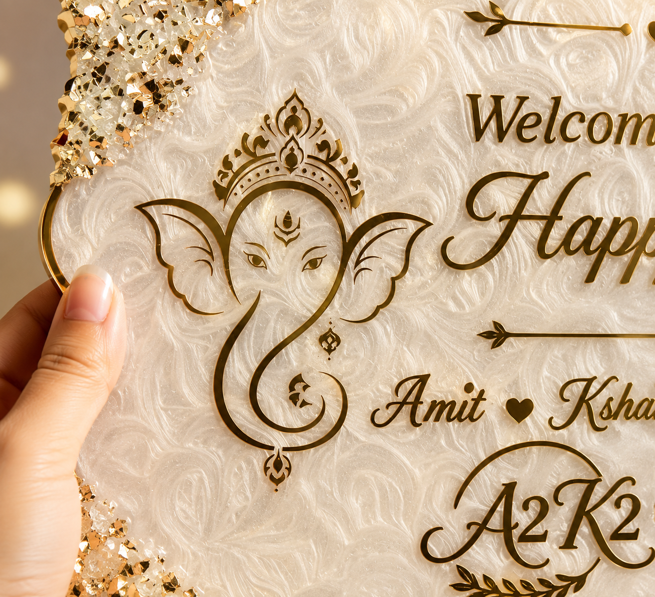 Close-up of Ganesha artwork on a customized resin nameplate
