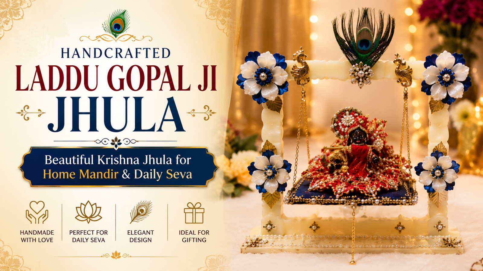 Handcrafted Laddu Gopal Ji Jhula with floral decorations and peacock feather
