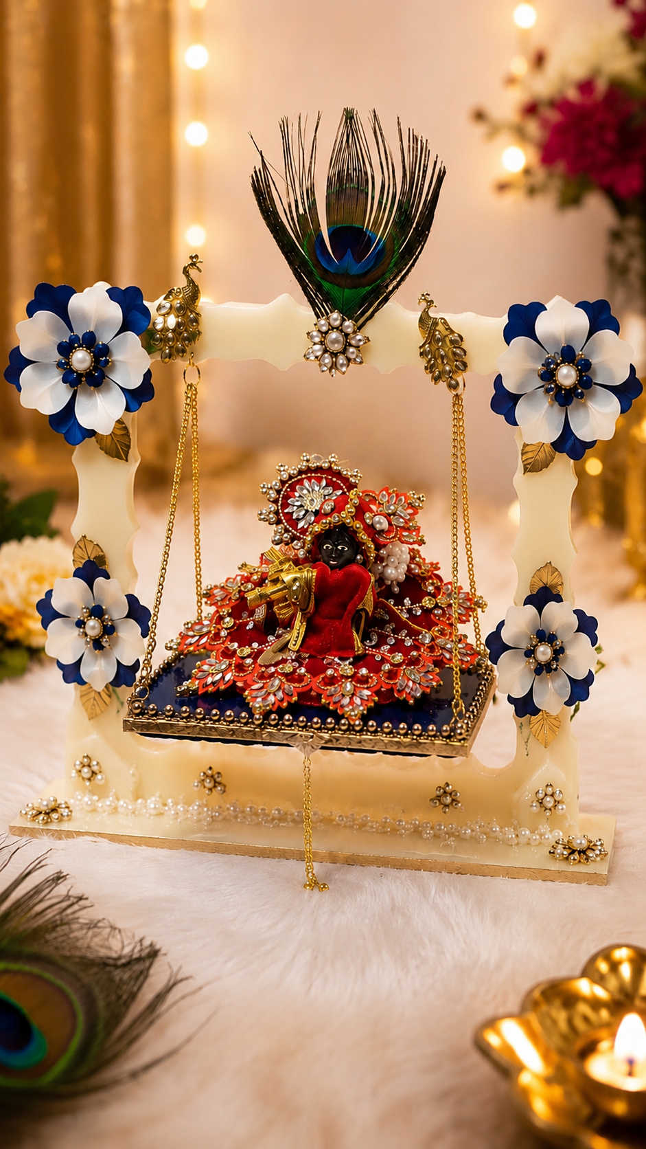 Handcrafted Laddu Gopal Ji jhula with blue and white flowers, peacock feather and decorative details