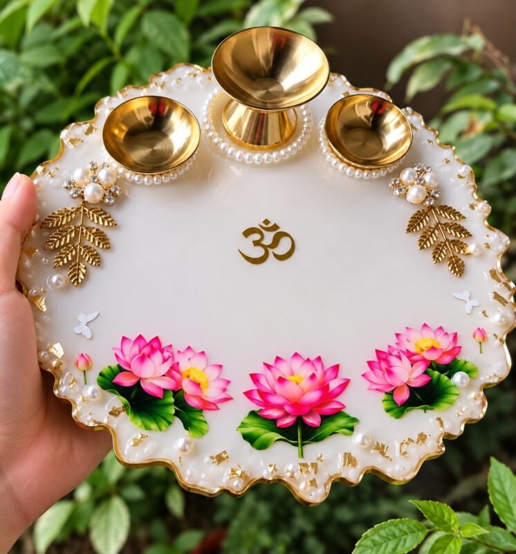Handcrafted lotus resin pooja thali with pink flowers and brass diyas
