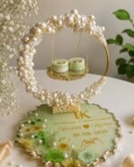 Handcrafted pearl resin ring platter with personalized wedding base