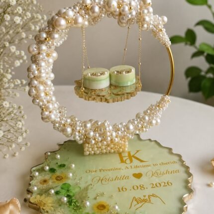 Handcrafted pearl resin ring platter with personalized wedding base