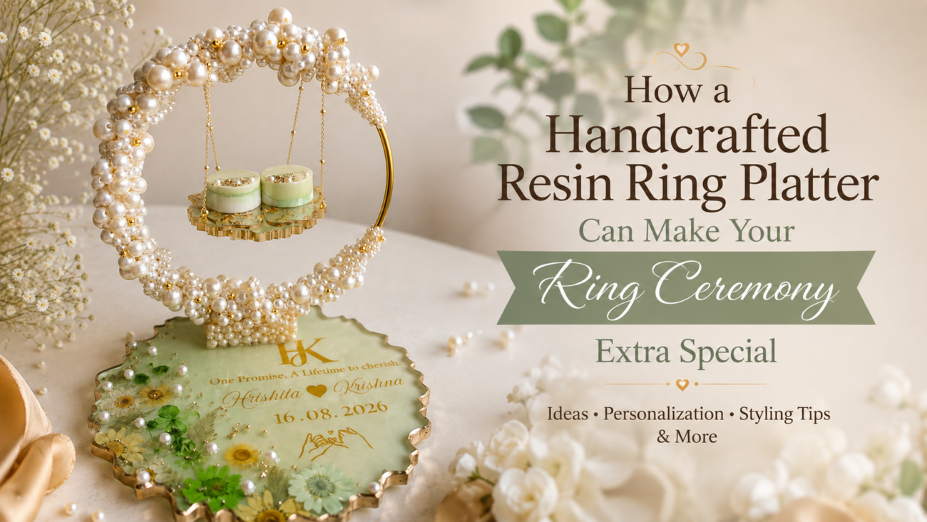 Handcrafted pearl resin ring platter with personalized wedding base