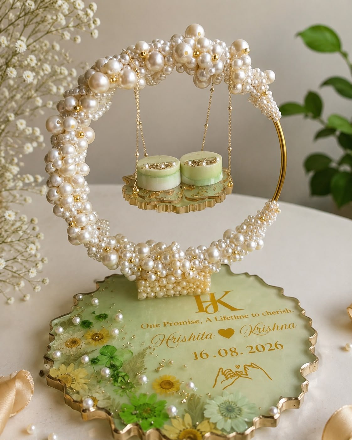 Handcrafted Pearl Resin Ring Platter Handcrafted pearl resin ring platter with personalized wedding base