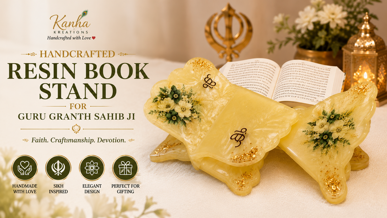 Handcrafted resin book stand for Guru Granth Sahib Ji with floral and gold detailing