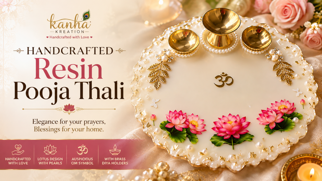 Handcrafted resin pooja thali with pink lotus flowers, pearls and brass diya holders