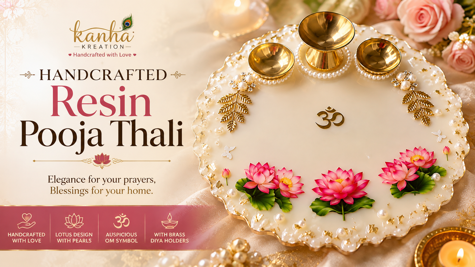 Handcrafted resin pooja thali with pink lotus flowers, pearls and brass diya holders