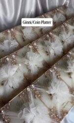 Handmade personalized resin Ginni platters with gold embellishments and custom names