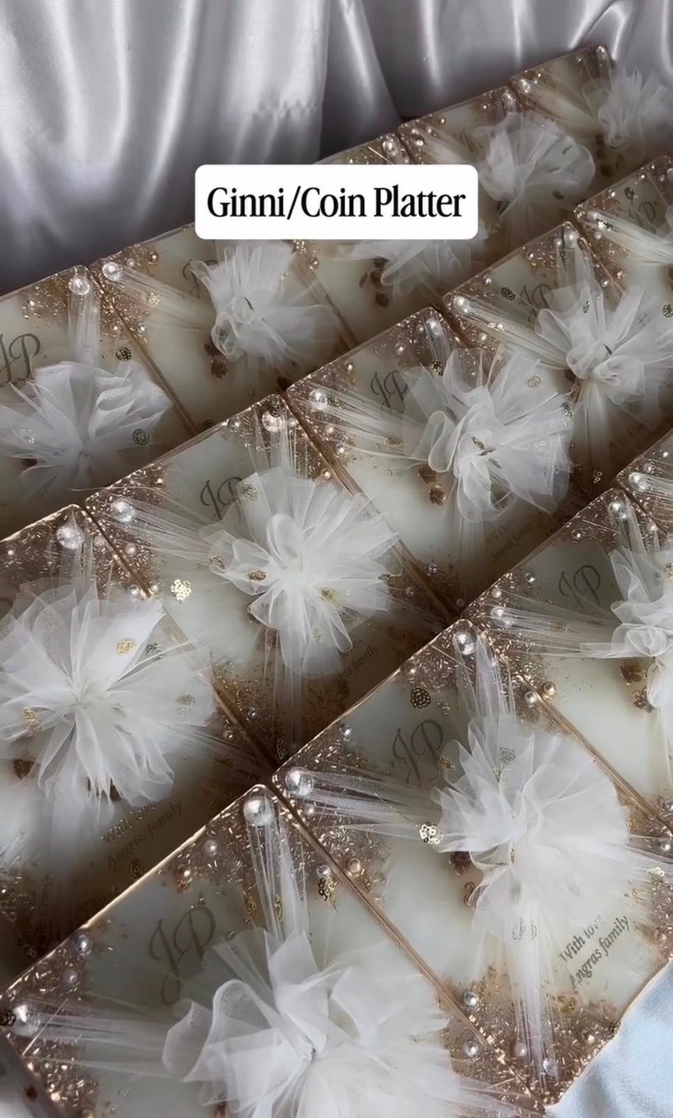 Handmade personalized resin Ginni platters with gold embellishments and custom names