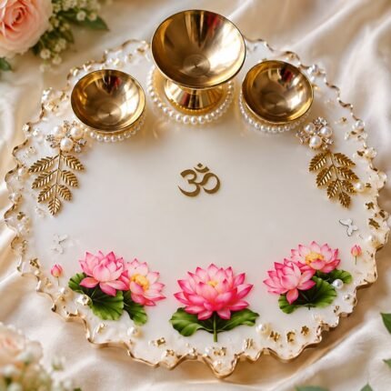 Handmade resin aarti thali with lotus flowers and three brass diya holders
