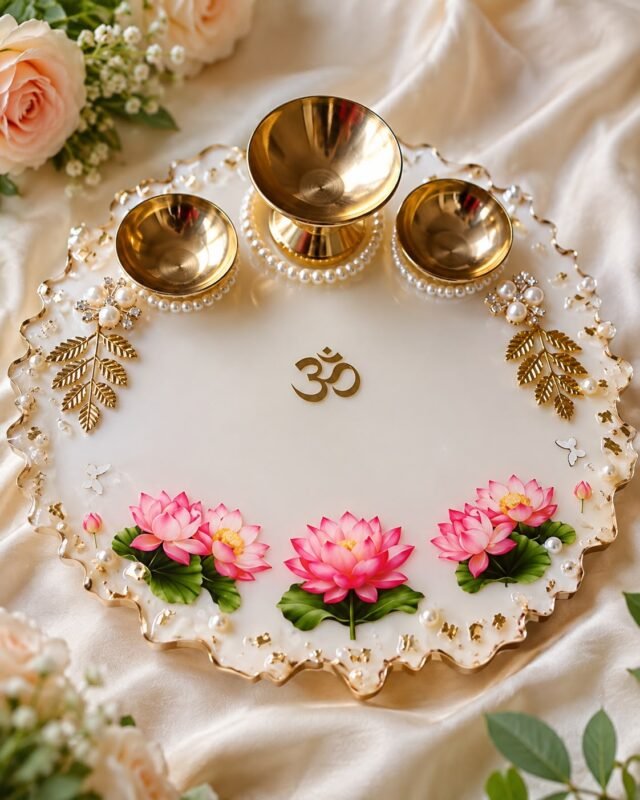 Handmade resin aarti thali with lotus flowers and three brass diya holders