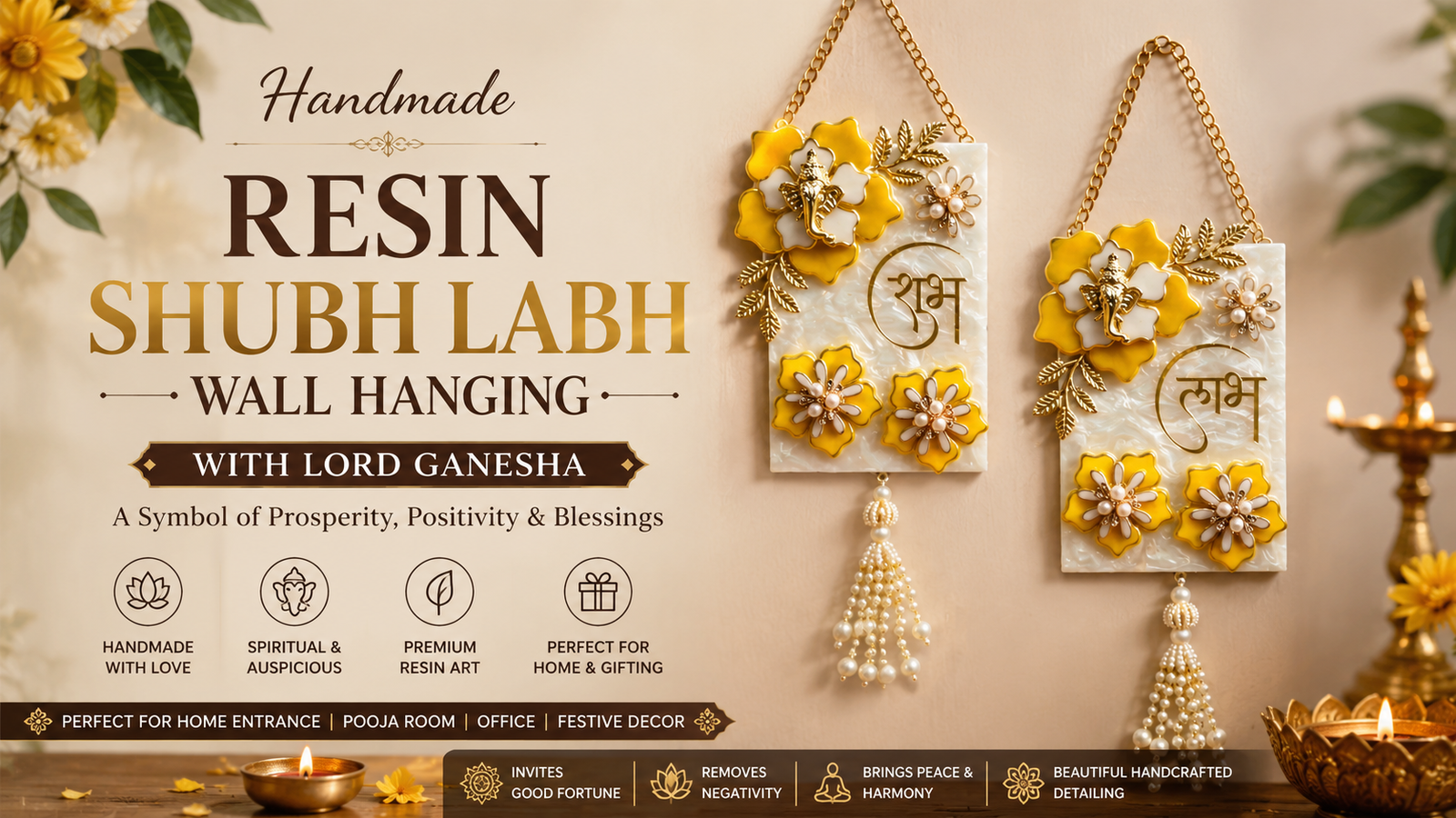 Handmade resin Shubh Labh wall hanging with Lord Ganesha, yellow floral design, pearl tassels and premium home entrance decor by Kanha Kreation