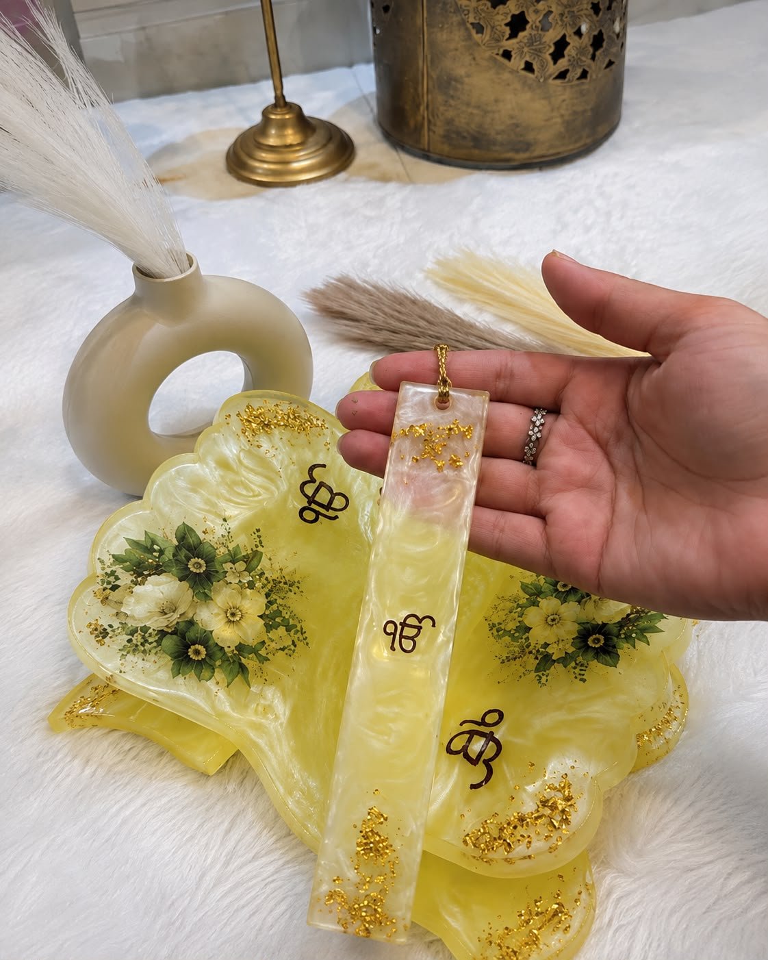 Handmade yellow resin Sikh decorative set with floral artwork and gold accents