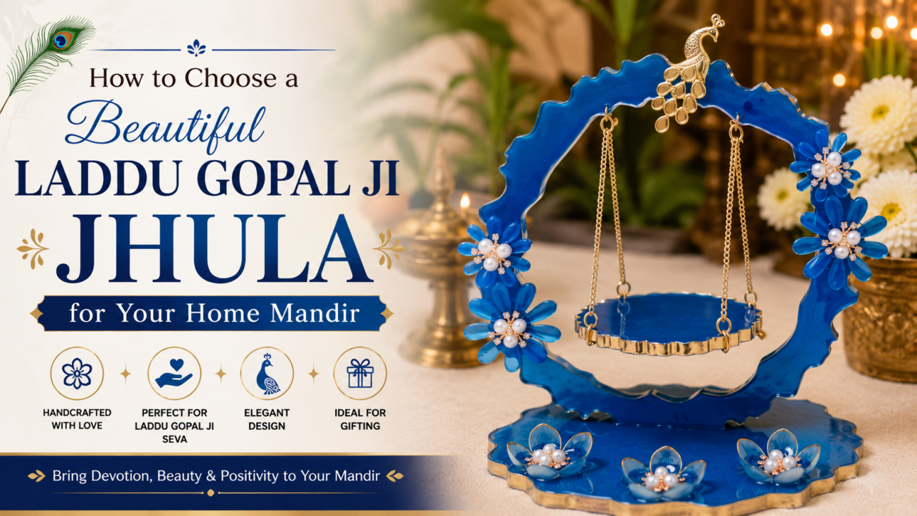 Handcrafted blue Laddu Gopal Ji jhula with floral and peacock detailing for home mandir