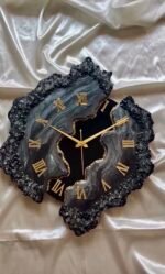 Luxury handmade black resin geode wall clock with gold Roman numerals for modern home décor