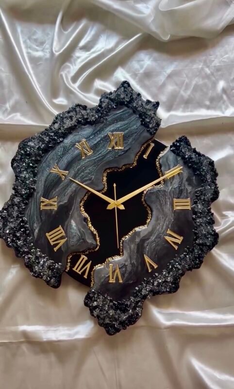 Luxury handmade black resin geode wall clock with gold Roman numerals for modern home décor
