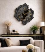 Luxury black resin geode wall clock displayed in modern living room interior