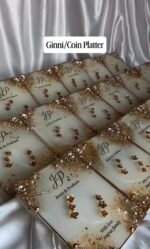 Personalized handmade resin Ginni and coin platters with gold detailing for wedding gifting