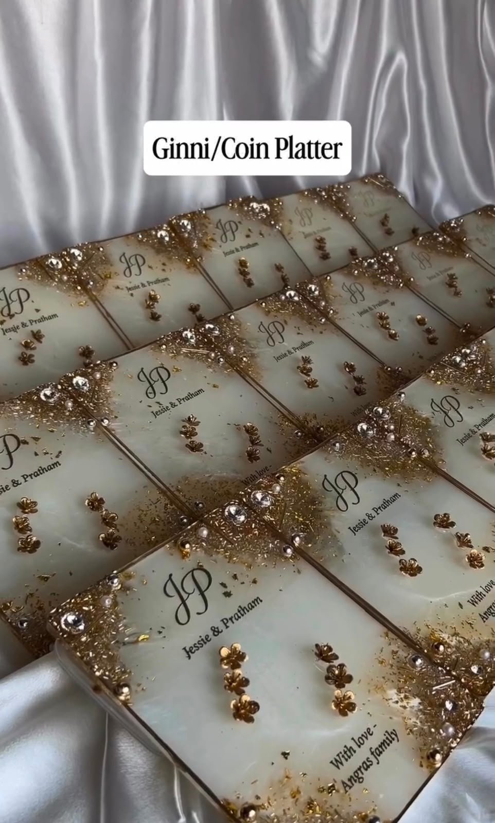 Personalized handmade resin Ginni and coin platters with gold detailing for wedding gifting