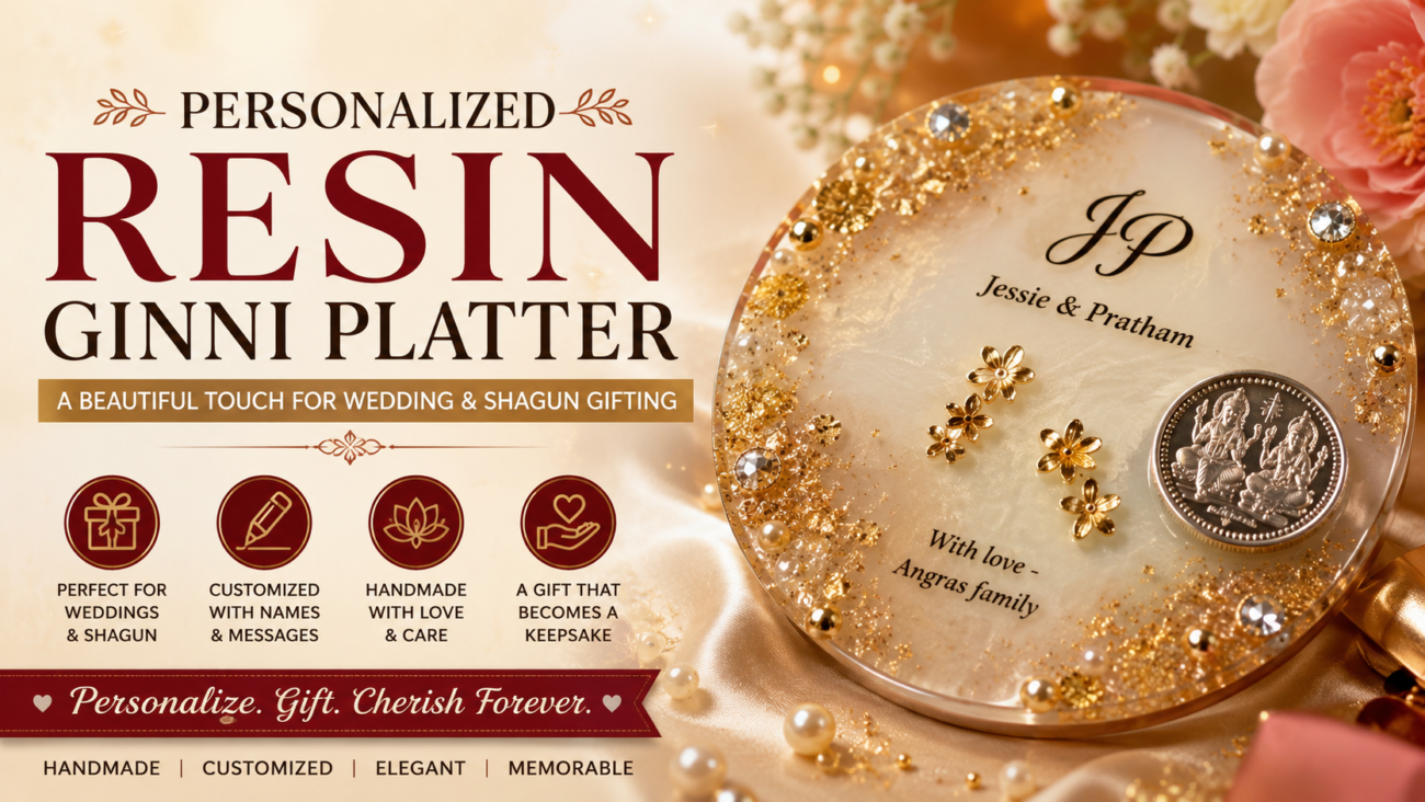 Personalized handmade resin Ginni platter with gold detailing for wedding gifting