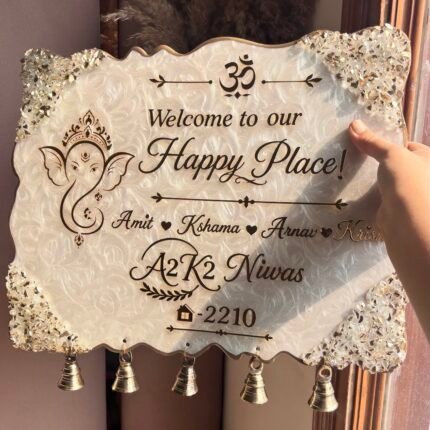 Personalized resin home nameplate with Ganesha design and golden bells