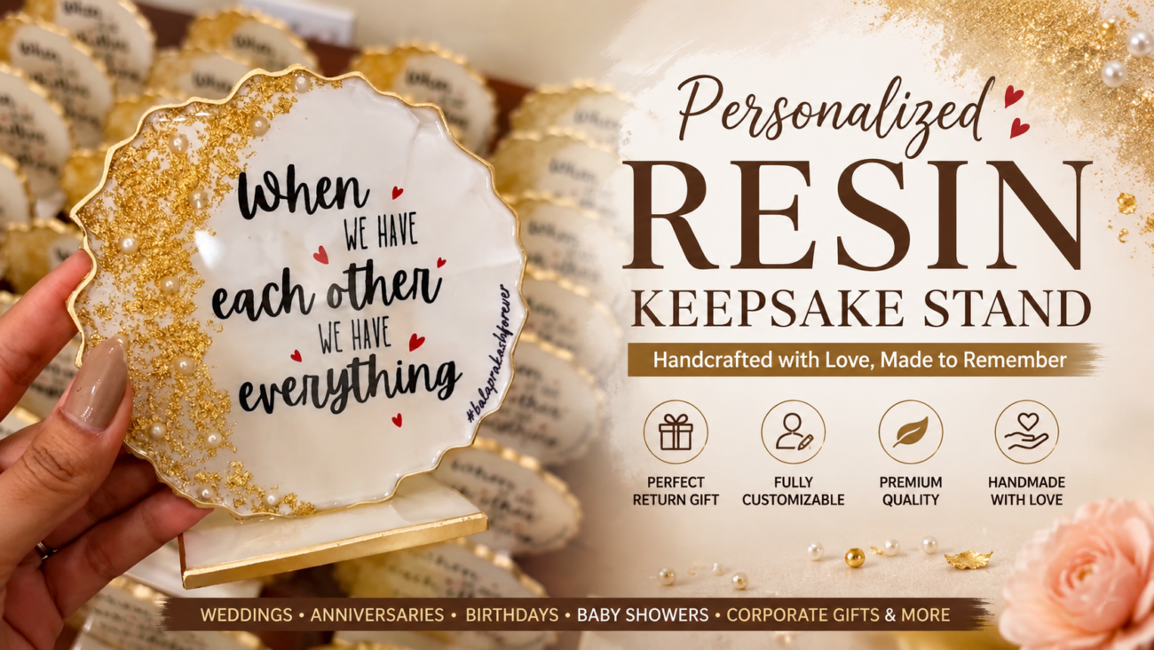 Handmade personalized resin keepsake return gift with gold leaf, pearls and custom quote on display stand for weddings, anniversaries, birthdays, baby showers and special occasions by Kanha Kreations.