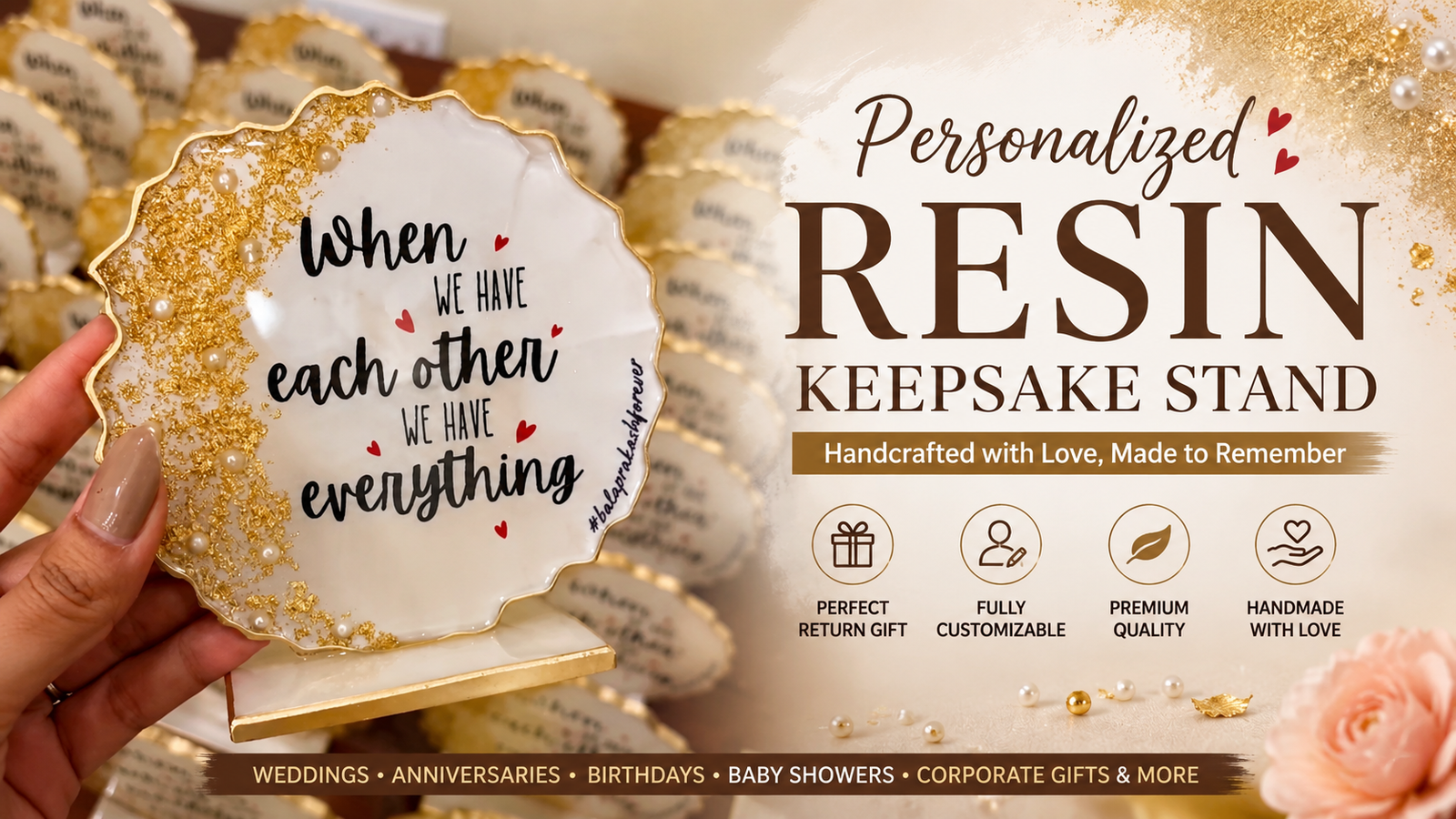 Handmade personalized resin keepsake return gift with gold leaf, pearls and custom quote on display stand for weddings, anniversaries, birthdays, baby showers and special occasions by Kanha Kreations.