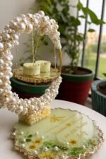Personalized resin ring platter with pearl frame and wedding details