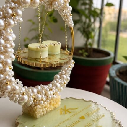 Personalized resin ring platter with pearl frame and wedding details