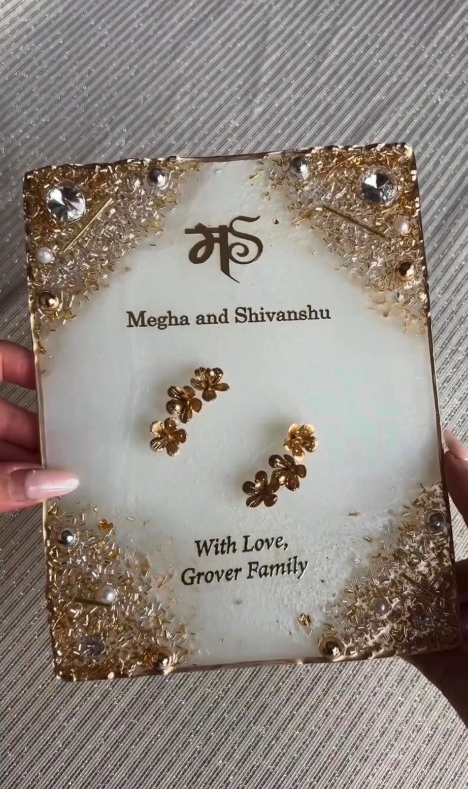 Personalized resin shagun platter customized with Megha and Shivanshu names