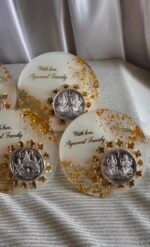 Round handmade resin coin platter with Lakshmi Ganesh coin and personalized message