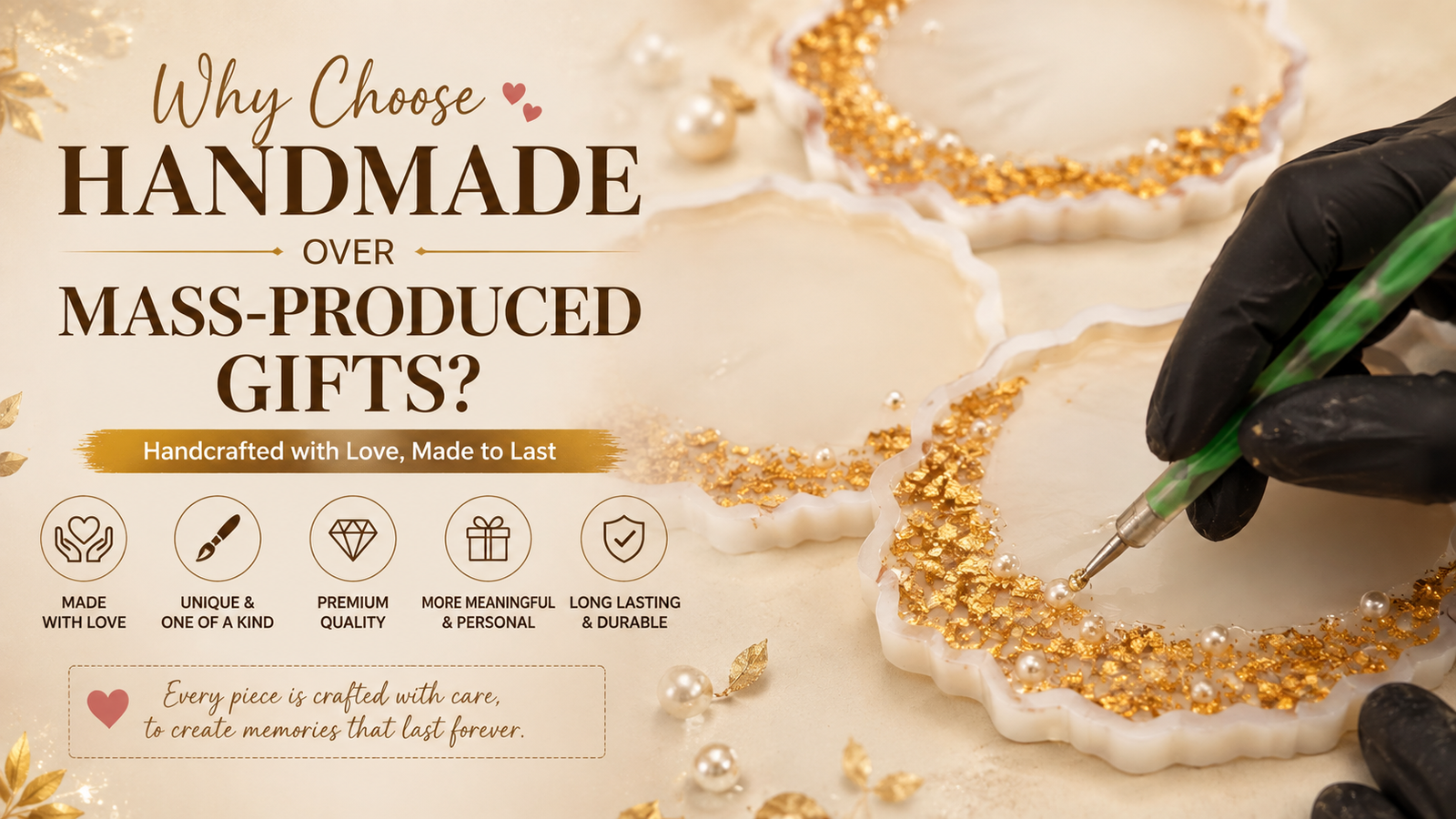 Artisan creating a handmade resin keepsake with gold leaf and pearl detailing, showing why handmade gifts are more meaningful than mass-produced gifts.